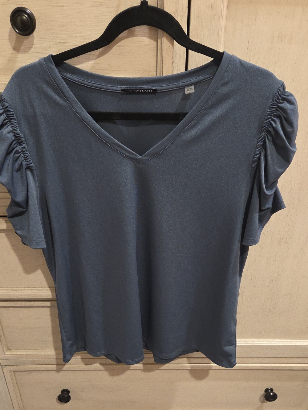 Tahari Slate Blue V-Neck Short Sleeve Top with Ruched Shoulders
